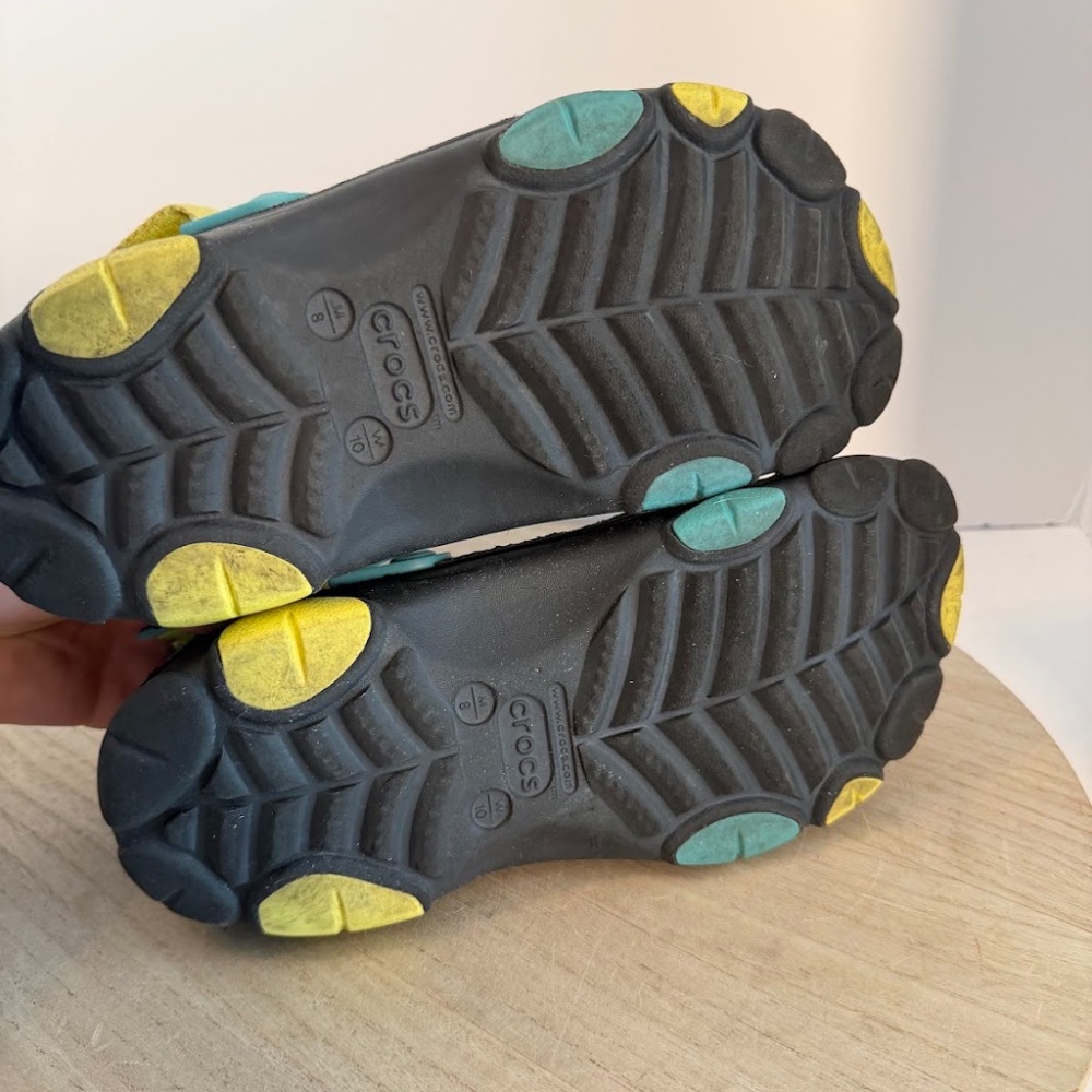 Crocs Classic Clogs Black w/ Teal & Yellow Heel Strap Unisex Size M8 W10 - Picture 5 of 8